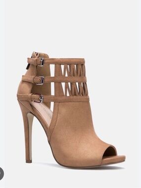 Shoe Dazzle Tan Cutout Triple-Buckle Open-Toe Stiletto Bootie
